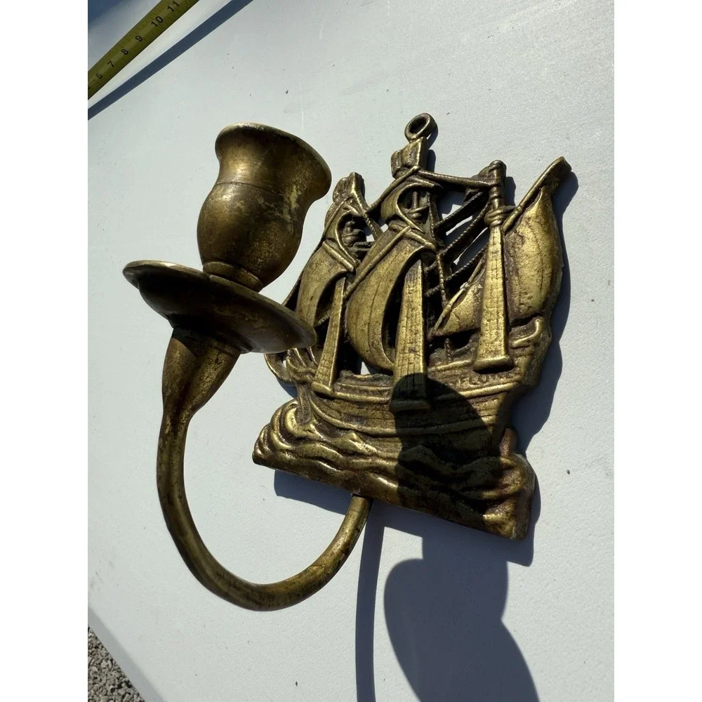 Vintage Brass Hanging Ship‎ Plaque Candle Holder Nautical